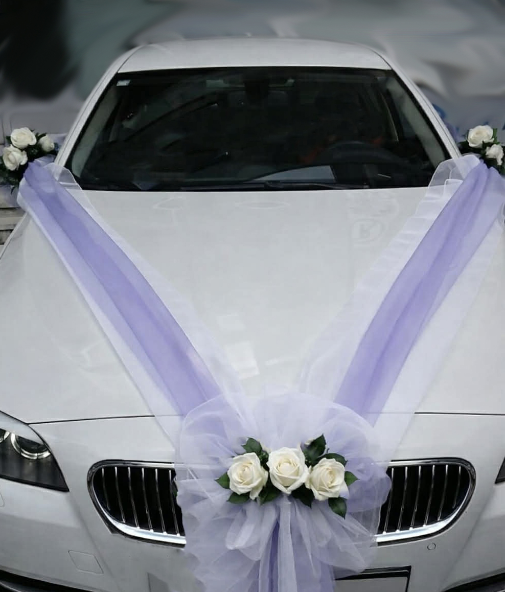 Svadobná výzdoba na auto bielofialová s ružami A 044