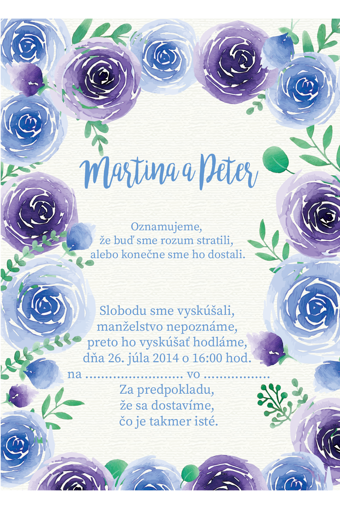 Svadobné oznámenie s modrými ružičkami SO 004