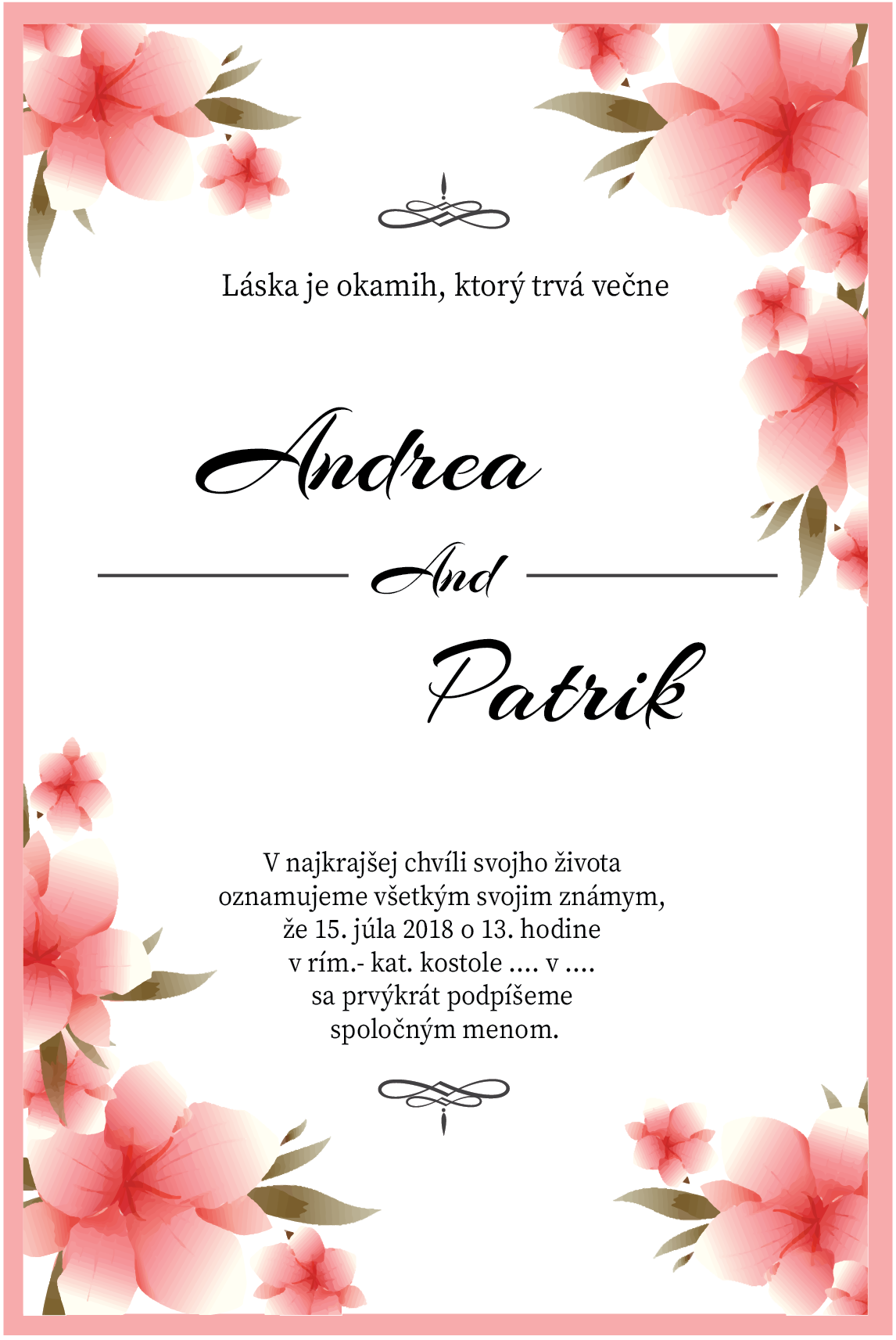 Svadobné oznámenie s rúžovými kvetinkami SO 006
