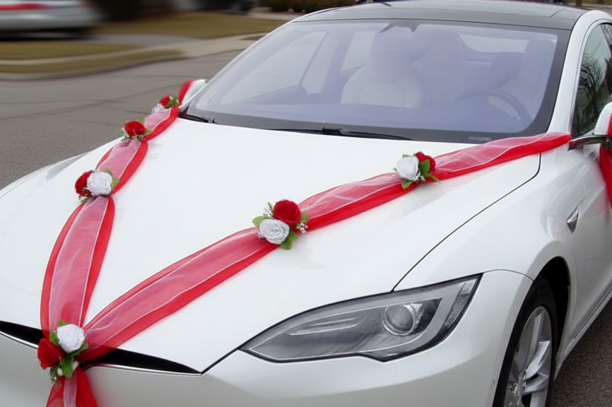 Svadobná výzdoba na auto červenobiela s ružičkami A 013