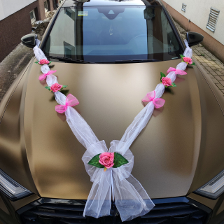 Svadobná výzdoba na auto ružovobiela s kvetmi A 034